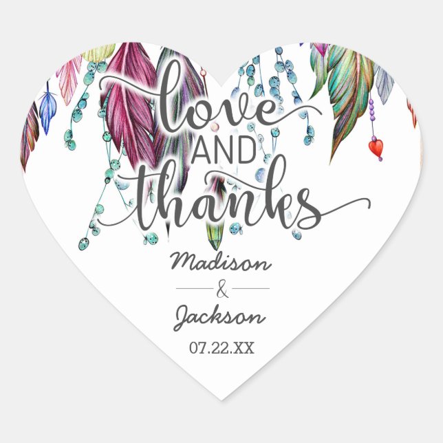 Boho Dreamcatcher & Feathers Love & Thanks Favour Heart Sticker (Front)