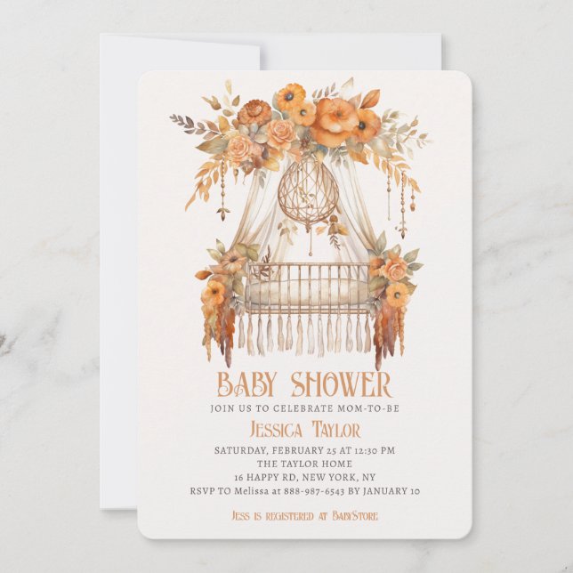 Boho Dreamcatcher Floral Girl Cot Baby Shower Invitation (Front)