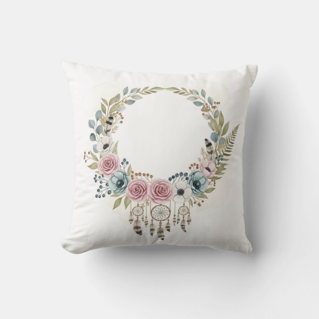 Boho Dreamcatcher Floral Wreath Watercolor Cushion (Front)