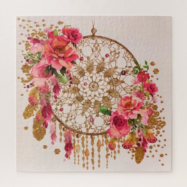 Boho Dreamcatcher Pink Gold Floral Watercolor Jigsaw Puzzle (Vertical)