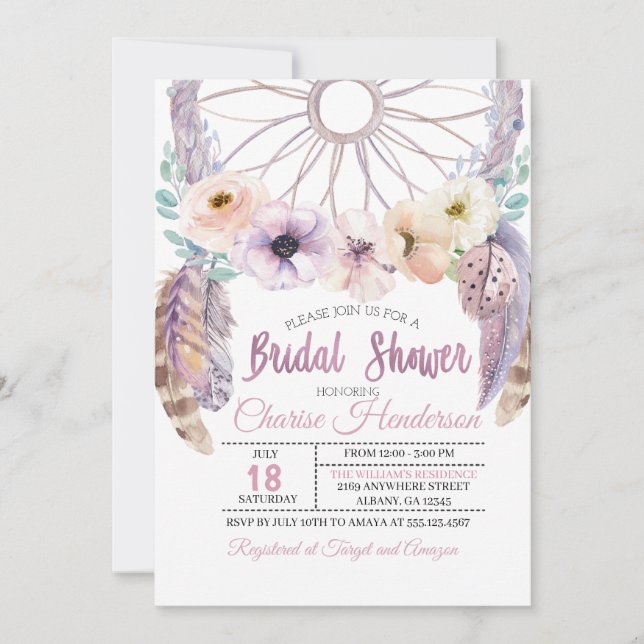 Boho Dreamcatcher Purple Bridal Shower Invitation (Front)