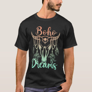 Boho Dreams Cattle Skull Feathers Pastel Coral and T-Shirt