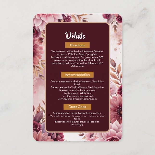 Boho Dreams Wedding Details Card with Floral (Front)