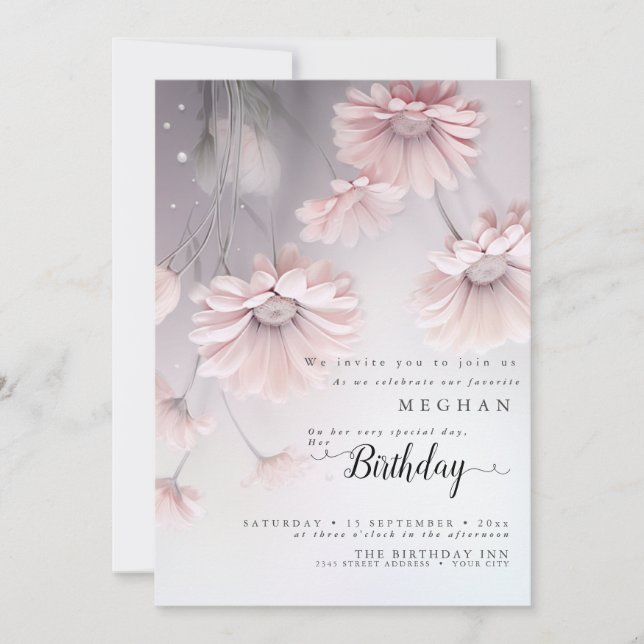 Boho Dreamy Pink Daisies Birthday Invitation (Front)