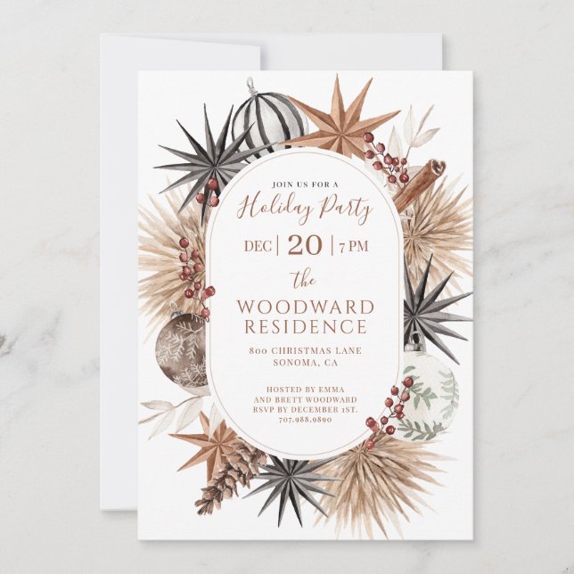 Boho Dried Botanicals Holiday Party  Invitation (Front)