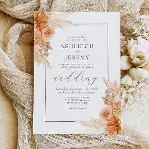 Boho Dried Floral Navy Blue Wedding Invitation