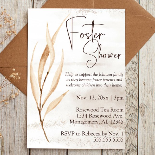 Boho Dried Florals Foster Care Baby/Child Shower Invitation (Foster Care baby shower invitation with brown script text and boho dried floral elements)