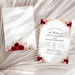 Boho Dried Leaves & Burgundy Rose Wedding Invitation
