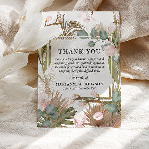 Boho Dried Leaves, Pampas & Pink Orchid Funeral Thank You Card