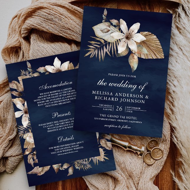 Boho Dried Palm Floral All in One Navy Wedding Invitation (Creator Uploaded)