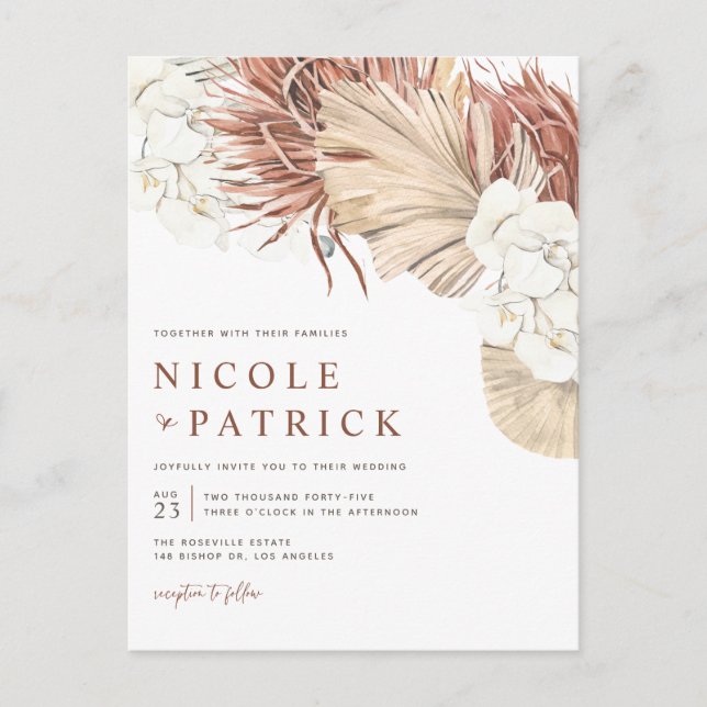 Boho Dried Palm Leaves and Orchids Wedding Invitation Postcard (Front)