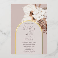 Boho Dried Palm Leaves Wedding Foil Invitation