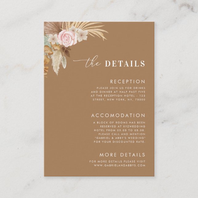 Boho Dried Pampas Grass Desert Wedding Details Enclosure Card (Front)