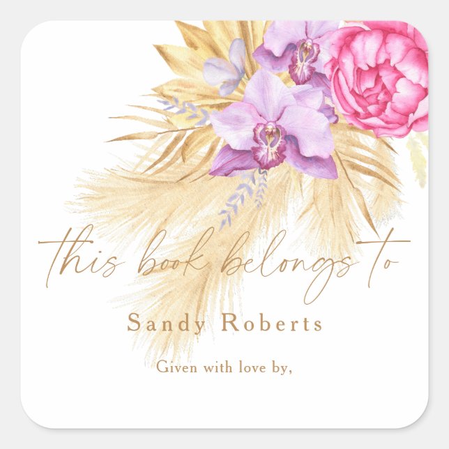 Boho dried pampas grass - this book belongs to square sticker (Front)