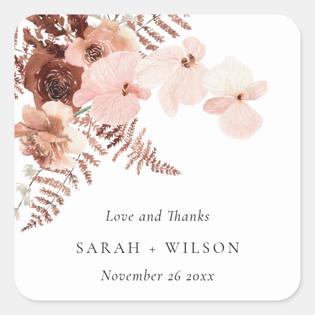 Boho Dried Rust Blush Fern Orchid Wedding Thanks Square Sticker (Front)