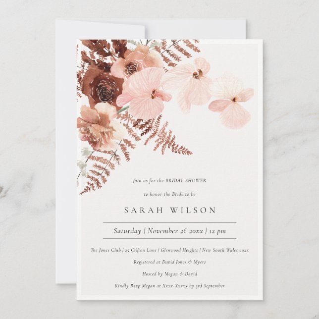 Boho Dried Rust Blush Orchid Bridal Shower Invite (Front)