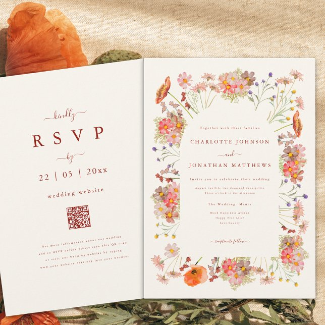 Boho Dried Wildflowers Fall Wedding Invitation (Boho wildflower fall wedding invitation with qr code)