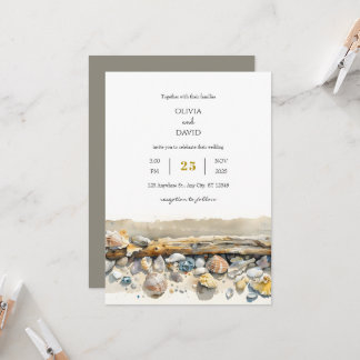 Boho Driftwood Sea Shells Sandy Shoreline Wedding Invitation