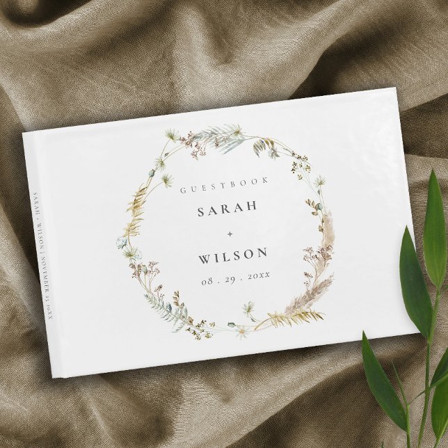 Boho Dry Palm Pampas Grass Floral Wreath Wedding Guest Book (Creator Uploaded)