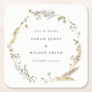 Boho Dry Palm Pampas Grass Floral Wreath Wedding N Square Paper Coaster