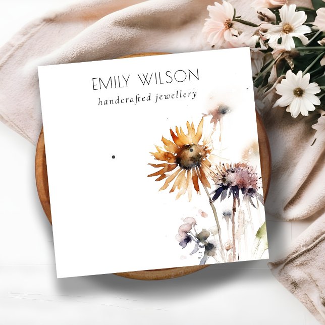Boho Dry Wildflower Watercolor Earring Display Square Business Card (Creator Uploaded)