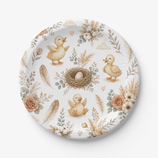 Boho Ducklings Welcome Baby Shower Paper Plate (Front)