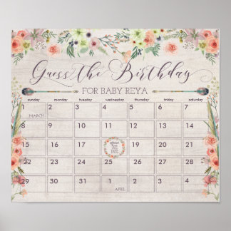 Boho Due Date Calendar Sign Baby Shower Game