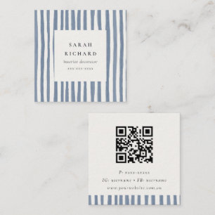 Boho Dusky Blue Hand Drawn Strips QR Code Square Business Card