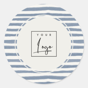 Boho Dusky Blue Watercolor Hand Drawn Strips Logo Classic Round Sticker