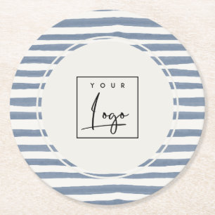 Boho Dusky Blue Watercolor Hand Drawn Strips Logo Round Paper Coaster