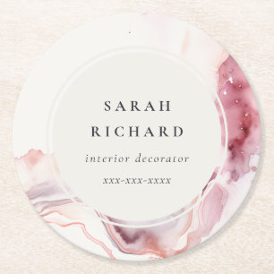 Boho Dusky Pink Red Watercolor Abstract Agate Round Paper Coaster