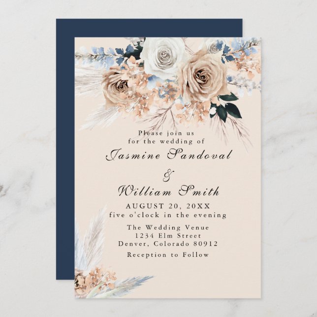 Boho Dusty Blue and Beige Floral Wedding Invitatio Invitation (Front/Back)
