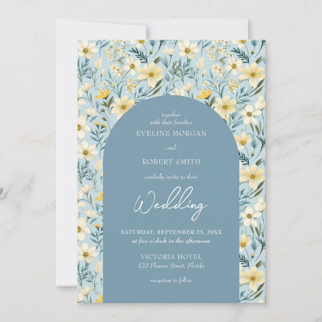 Boho dusty blue and ivory wild flowers arch invitation (Front)