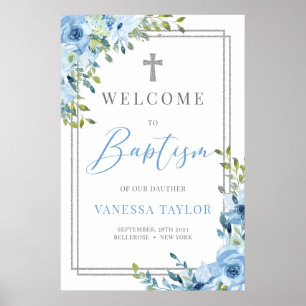 Boho dusty blue and silver glitter Baptism Welcome Poster