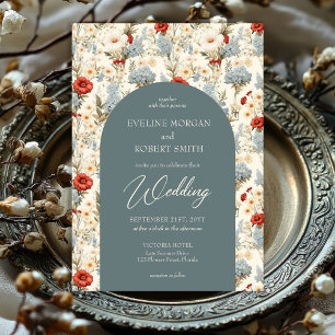 Boho dusty blue and terracotta wild flowers arch invitation