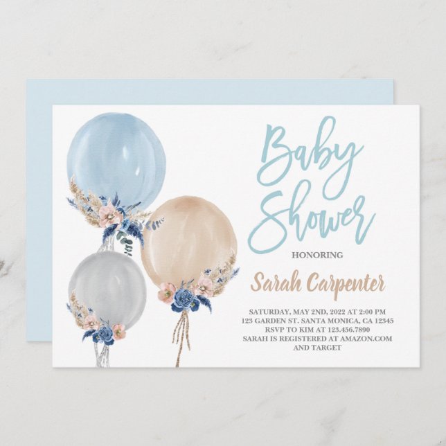 Boho dusty blue baby Shower balloons boy Invitation (Front/Back)