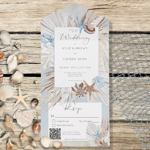 Boho Dusty Blue Beach Rustic QR Code All In One Invitation