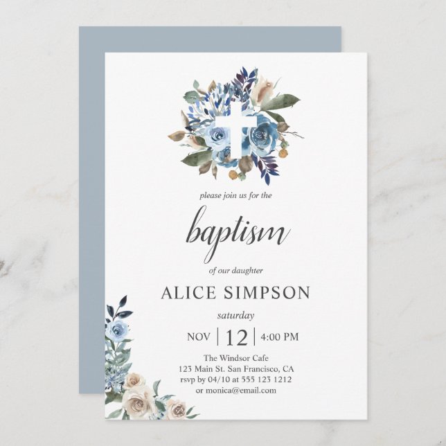 Boho Dusty Blue Beige Flowers Baptism  Invitation (Front/Back)