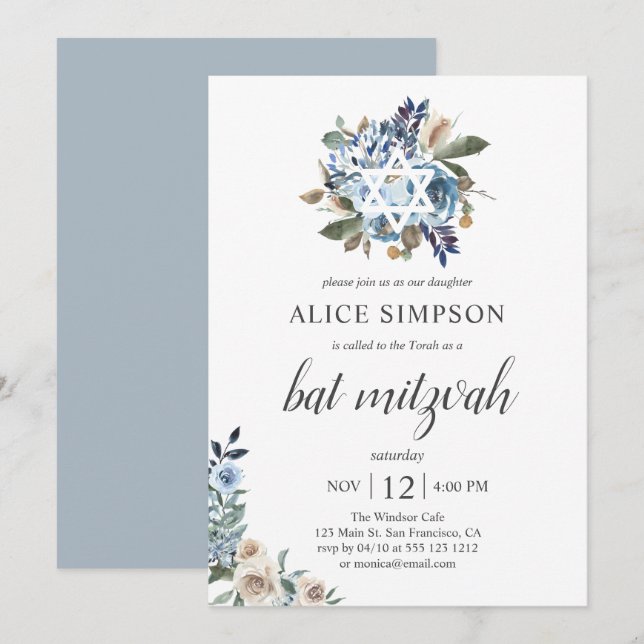 Boho Dusty Blue Beige Flowers Bat Mitzvah Invitation (Front/Back)