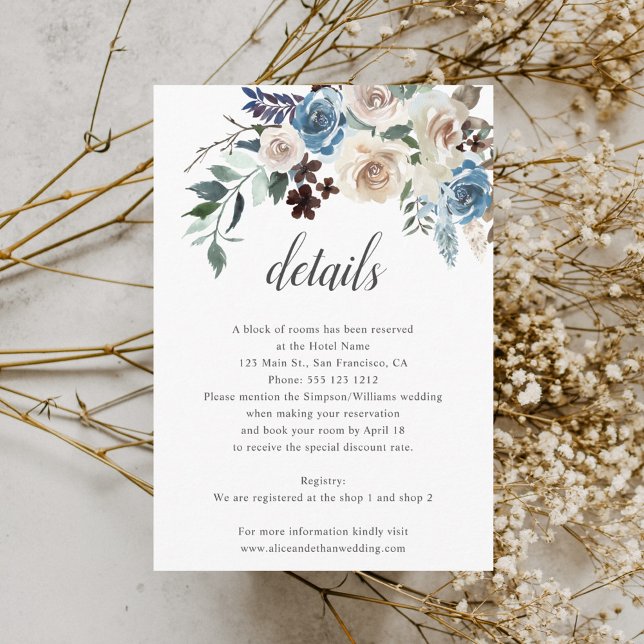 Boho Dusty Blue Beige Flowers Wedding Details Enclosure Card (Creator Uploaded)