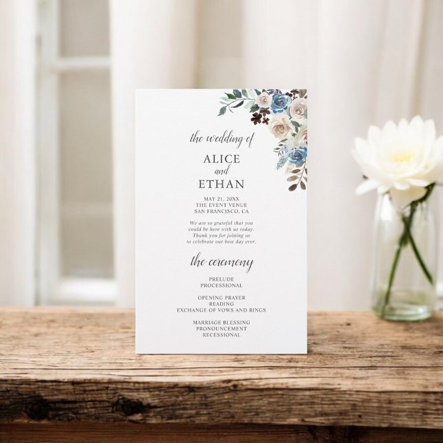 Boho Dusty Blue Beige Flowers Wedding Program (Creator Uploaded)