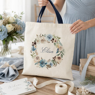 Boho Dusty Blue Beige Rose Floral Wreath Tote Bag