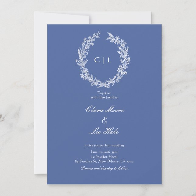 Boho Dusty Blue Botanical Wreath Wedding Invitation (Front)