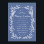 Boho Dusty Blue Botanical Wreath Wedding Timeline  Programme<br><div class="desc">Elevate your guest experience with this sophisticated navy blue wildflower wreath wedding timeline card, featuring a crisp white hand-drawn botanical frame of wild blooms and foliage, paired with a classic bow accent and custom monogram against a rich cornflower blue backdrop. This wedding itinerary card is the perfect way to keep...</div>