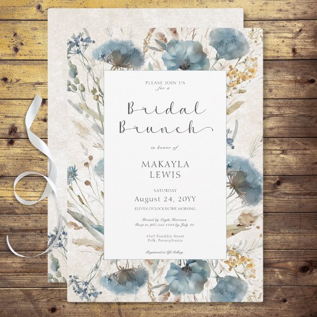 Boho Dusty Blue & Brown Floral Bridal Brunch Invitation (Boho Dusty Blue & Brown Floral Bridal Brunch Invitation)