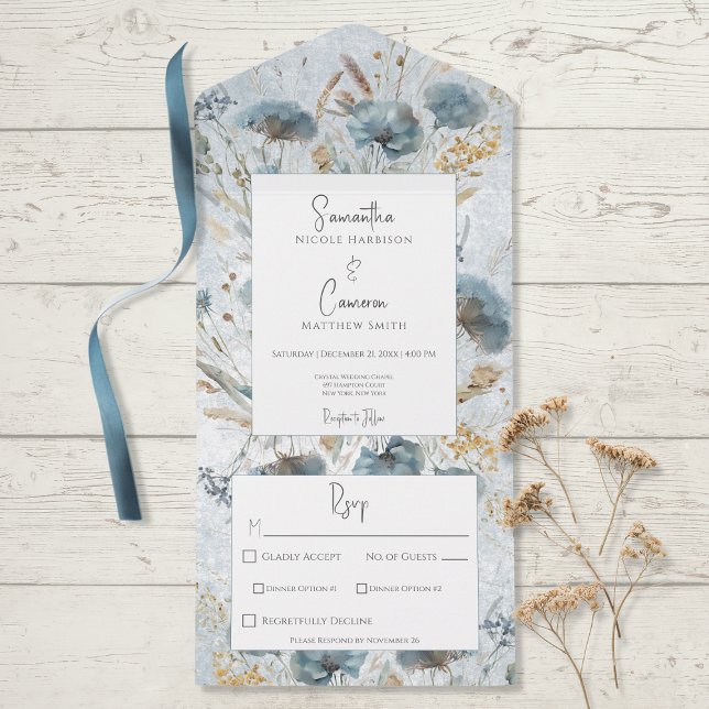 Boho Dusty Blue & Brown Floral Monogram Dinner All In One Invitation (Creator Uploaded)