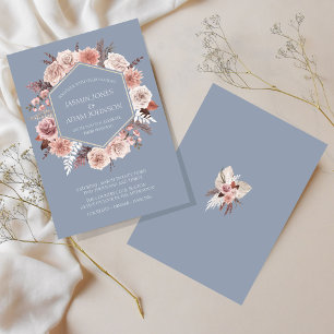 Boho Dusty Blue Dried Flowers Wreath Wedding Invitation