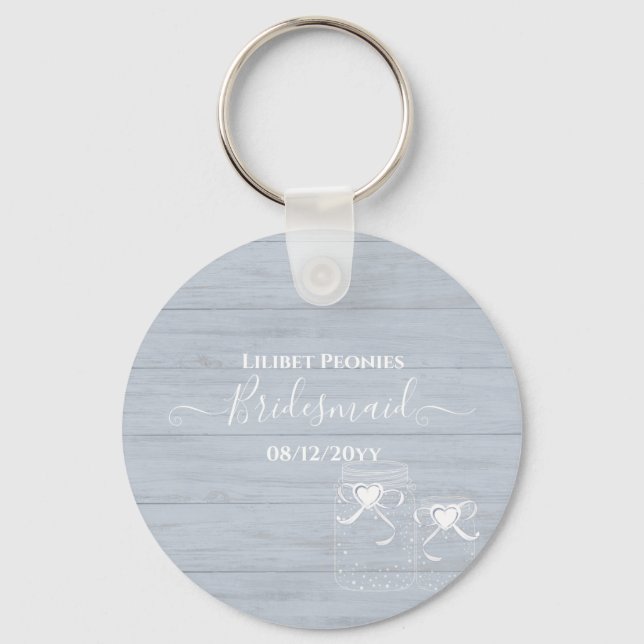 BOHO Dusty Blue Driftwood Mason Jars Wedding Key Ring (Front)