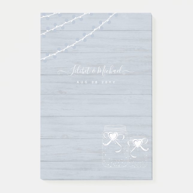 BOHO Dusty Blue Driftwood Mason Jars Wedding Post-it Notes (Front)