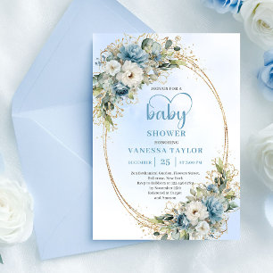 Boho Dusty Blue Eucalyptus Baby Shower Invitation